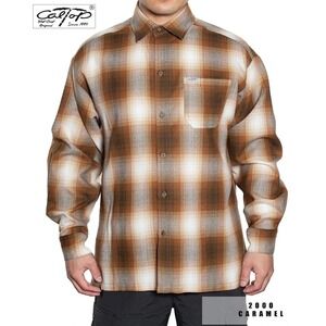 CalTop Flannel Shirt Mens L Brown Caramel Ombre Plaid Streetwear Cholo Lowrider